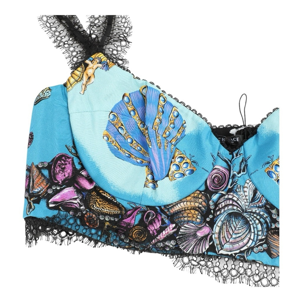 Versace Blue Multi-color Seashell Print Crop Top with Black Lace EU Size 44 - Picture 6 of 13
